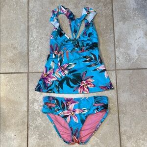 NEW! Gibson Latimer Teal Tropical Floral Ruffle Tankini Bikini Swimsuit XS